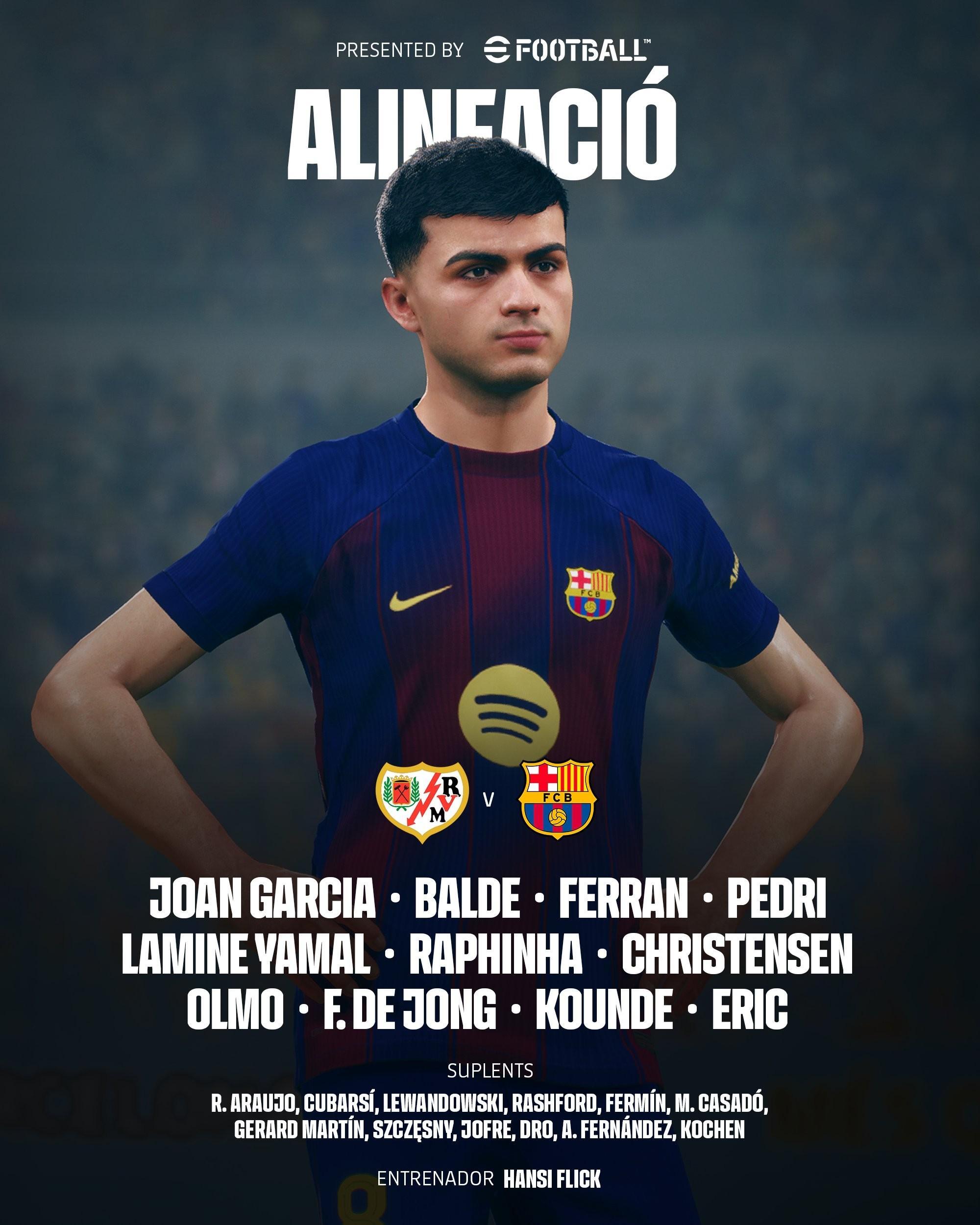 巴萨客战巴列卡诺：亚马尔搭档拉菲尼亚，佩德里、奥尔莫出战