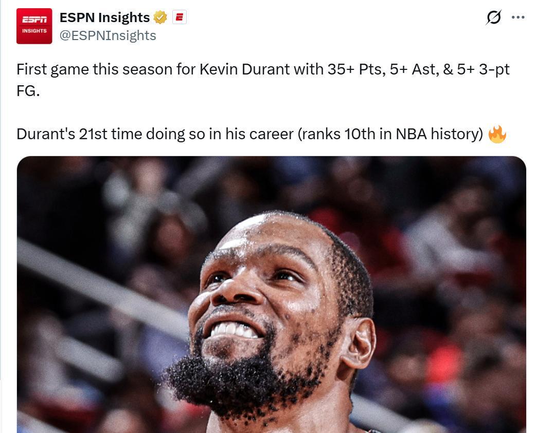 开云体育官网-轰39分新高，杜兰特超老詹创锋线第一！火箭压湖人升第5获3大喜讯